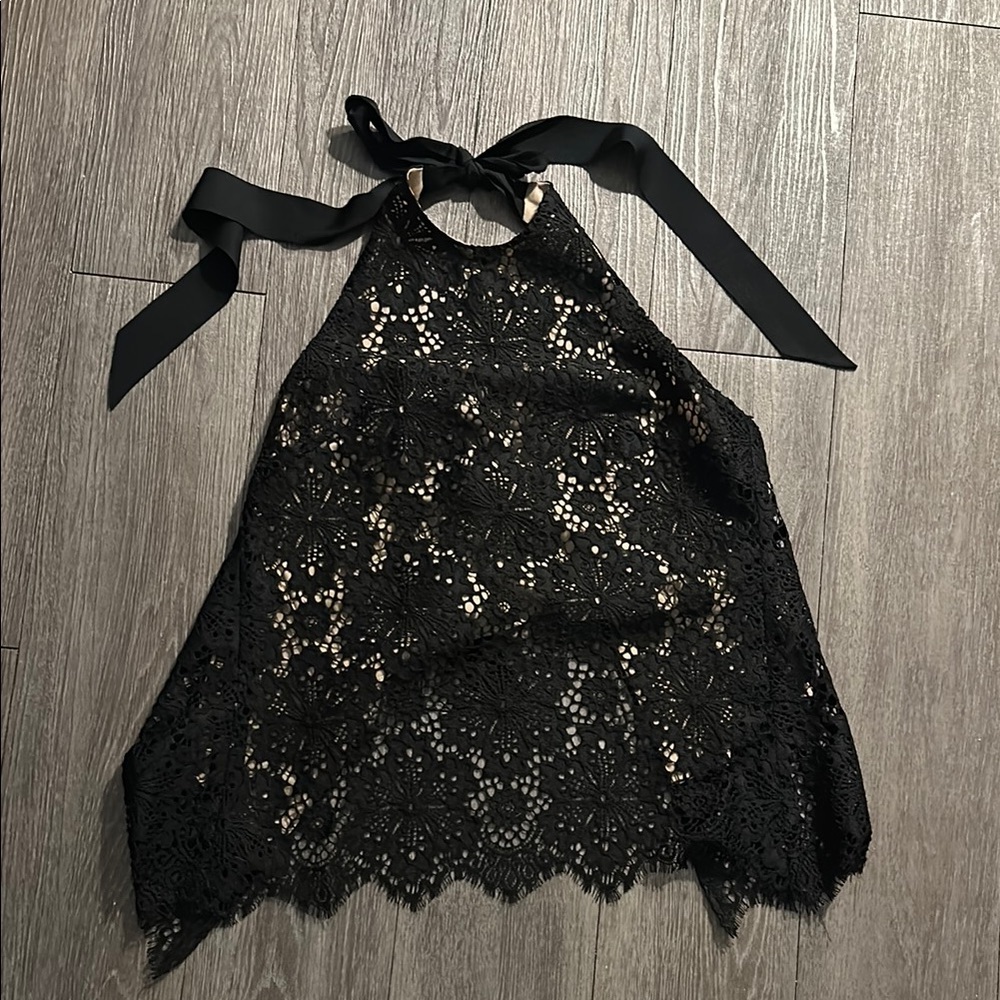 Chic Black Lace Halter Top with Ribbon Tie - Intermix.